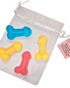 Bunte, durchscheinende silikonseifen in knochen- und penisform aus diabolo picante mini-duftseifen set
