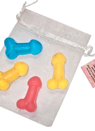 Bunte, durchscheinende silikonseifen in knochen- und penisform aus diabolo picante mini-duftseifen set