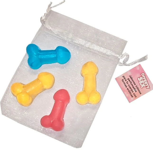 Bunte, durchscheinende silikonseifen in knochen- und penisform aus diabolo picante mini-duftseifen set