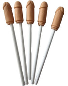 Fünf beige phallusförmige lollipops mit weißen griffen aus natürlicher penisform für diablo picante