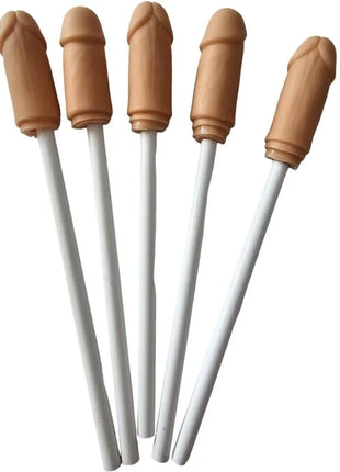 Fünf beige phallusförmige lollipops mit weißen griffen aus natürlicher penisform für diablo picante
