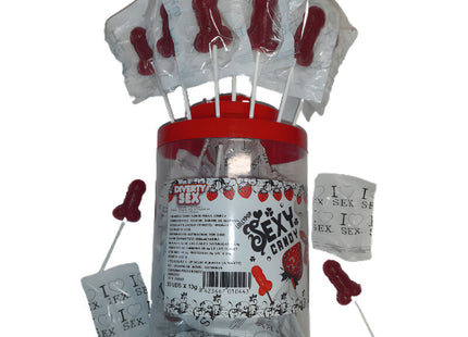 Rote und klare plastikdose mit 50 diablo picante penis-lutschern aus erdbeer- und kirschbonbons, weiß mit i love sex folie