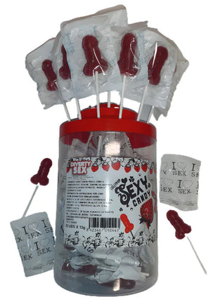 Rote und klare plastikdose mit 50 diablo picante penis-lutschern aus erdbeer- und kirschbonbons, weiß mit i love sex folie