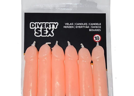 Sechs pfirsichfarbene kerzen in fleischpenisform von diverty sex in transparenter plastikverpackung diablo picante