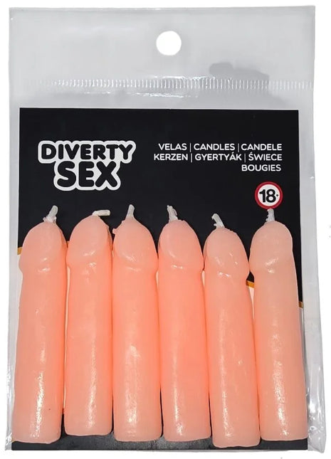 Sechs pfirsichfarbene kerzen in fleischpenisform von diverty sex in transparenter plastikverpackung diablo picante