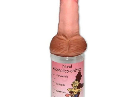 Eine rosa und braune silikonflasche mit der aufschrift nivel alcohólico-erótico und cartoonillustration diablo picante 360 ml