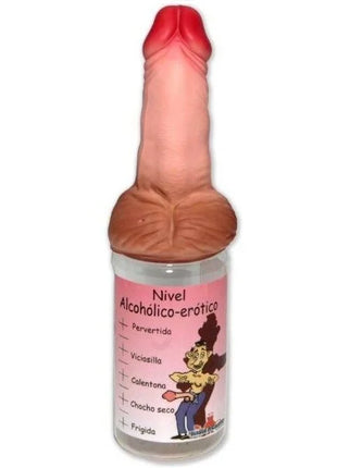 Eine rosa und braune silikonflasche mit der aufschrift nivel alcohólico-erótico und cartoonillustration diablo picante 360 ml