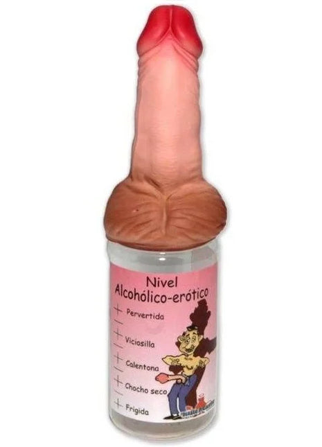 Eine rosa und braune silikonflasche mit der aufschrift nivel alcohólico-erótico und cartoonillustration diablo picante 360 ml