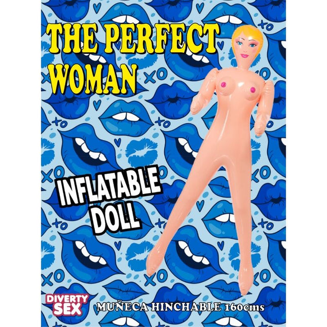 Ein pfirsichfarbener aufblasbarer doll mit blondem haar und rosa brustwarzen vor blauem lippenmuster