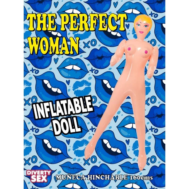 Ein pfirsichfarbener aufblasbarer doll mit blondem haar und rosa brustwarzen vor blauem lippenmuster