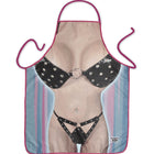 Diablo picante bikini-schürze für damen mit pinken kanten und aufdruck einer frau in schwarzer gepunkteter lingerie vor gestreiftem hintergrund