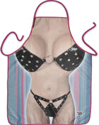 Diablo picante bikini-schürze für damen mit pinken kanten und aufdruck einer frau in schwarzer gepunkteter lingerie vor gestreiftem hintergrund