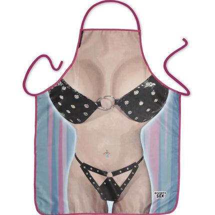 Diablo picante bikini-schürze für damen mit pinken kanten und aufdruck einer frau in schwarzer gepunkteter lingerie vor gestreiftem hintergrund