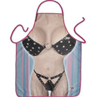 Diablo picante bikini-schürze für damen mit pinken kanten und aufdruck einer frau in schwarzer gepunkteter lingerie vor gestreiftem hintergrund