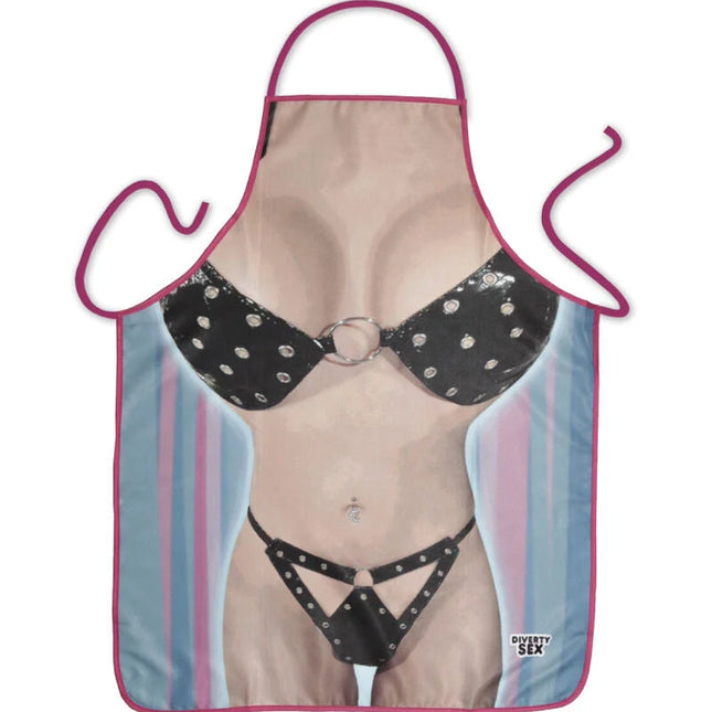 Diablo picante bikini-schürze für damen mit pinken kanten und aufdruck einer frau in schwarzer gepunkteter lingerie vor gestreiftem hintergrund