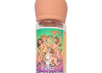 Klare plastikflasche diablo picante mit pfirsichfarbener silikonsauger und bunter cartoon-etikette zum geburtstag
