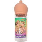 Klare plastikflasche diablo picante mit pfirsichfarbener silikonsauger und bunter cartoon-etikette zum geburtstag
