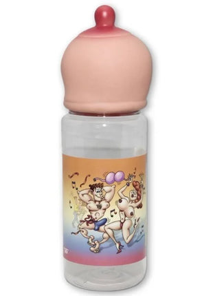 Klare plastikbabyflasche mit pinkem silikonnuckel und tanzenden figuren cartoon auf der seite diablo picante 750 ml