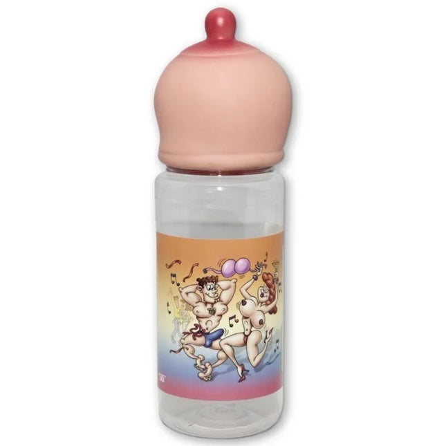 Klare plastikbabyflasche mit pinkem silikonnuckel und tanzenden figuren cartoon auf der seite diablo picante 750 ml