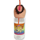 Klare plastikwasserflasche diablo picante 750 ml mit kopfförmigem deckel, dunklen haaren und orangefarbenem strohhalm