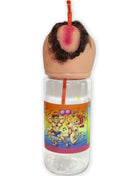 Klare plastikwasserflasche diablo picante 750 ml mit kopfförmigem deckel, dunklen haaren und orangefarbenem strohhalm