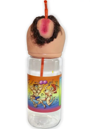 Klare plastikwasserflasche diablo picante 750 ml mit kopfförmigem deckel, dunklen haaren und orangefarbenem strohhalm