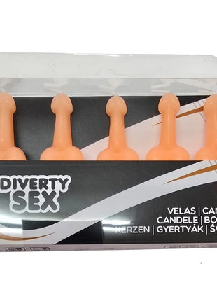 Set aus fünf pfirsichfarbenen silikonkerzen in penisform in transparenter verpackung diverty sex diablo picante