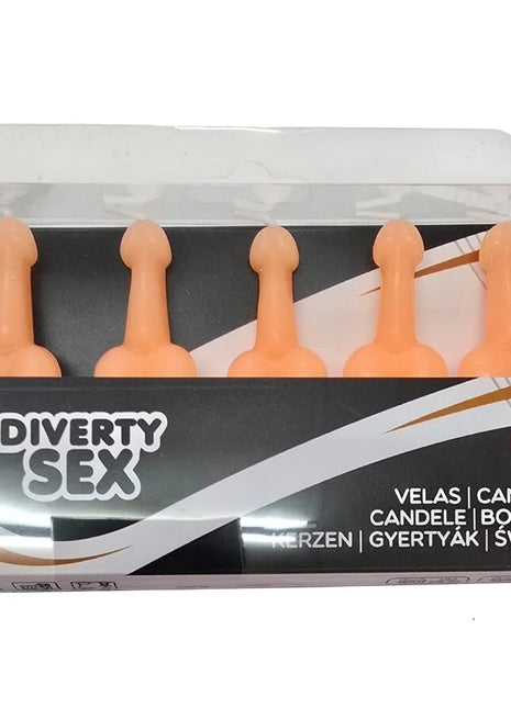Set aus fünf pfirsichfarbenen silikonkerzen in penisform in transparenter verpackung diverty sex diablo picante