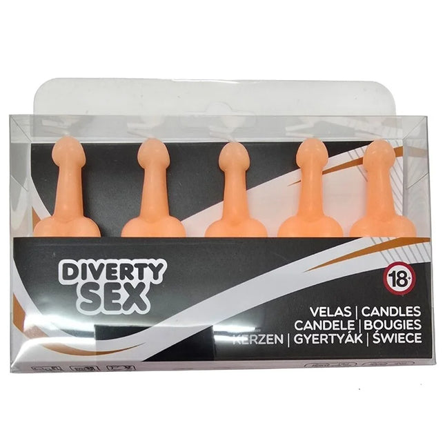 Set aus fünf pfirsichfarbenen silikonkerzen in penisform in transparenter verpackung diverty sex diablo picante