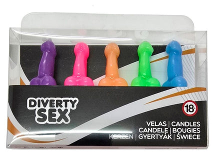 Set mit fünf neonfarbenen plastik-kerzen in penisform verpackt als diablo picante novelty-kerzenset