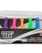 Set mit fünf neonfarbenen plastik-kerzen in penisform verpackt als diablo picante novelty-kerzenset