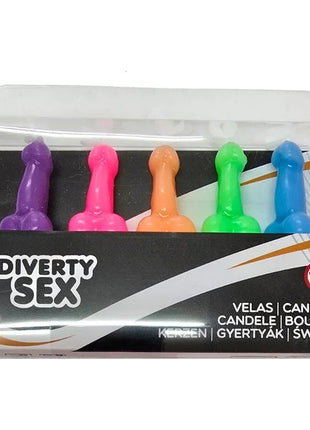 Set mit fünf neonfarbenen plastik-kerzen in penisform verpackt als diablo picante novelty-kerzenset