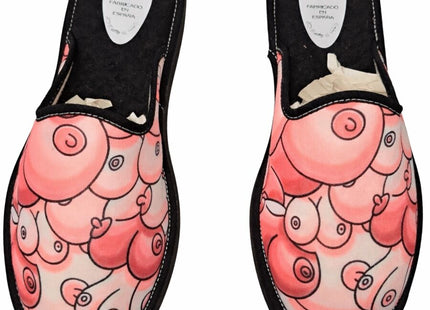Rosa cartoonige schweine-motiv hausschuhe mit schwarzem rand und sohle mittelgröße 39-41 diablo picante