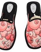 Rosa cartoonige schweine-motiv hausschuhe mit schwarzem rand und sohle mittelgröße 39-41 diablo picante