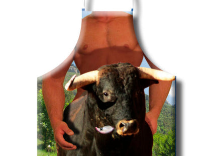 Diablo picante bull schürze mit schwarzem stiermotiv und muskulösem oberkörperdruck für grillfans