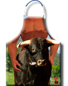 Diablo picante bull schürze mit schwarzem stiermotiv und muskulösem oberkörperdruck für grillfans