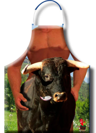 Diablo picante bull schürze mit schwarzem stiermotiv und muskulösem oberkörperdruck für grillfans