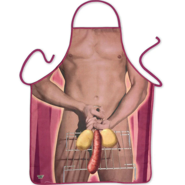 Rosa schürze für herren mit humorvoller illustration eines muskulösen manns beim grillen von würstchen und kartoffeln