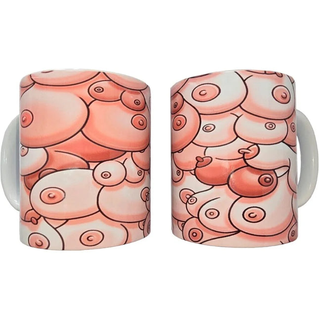 Rosa und weiße cartoonartige brust-motiv keramikbecher 370 ml mit glänzender oberfläche von Diablo Picante