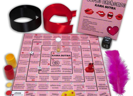 Pink kama sutra brettspiel diablo picante mit roten schwarzen satin-blindfolds würfeln bechern federkiel und stundenmesser