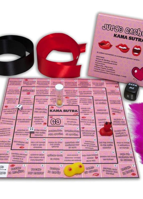 Pink kama sutra brettspiel diablo picante mit roten schwarzen satin-blindfolds würfeln bechern federkiel und stundenmesser