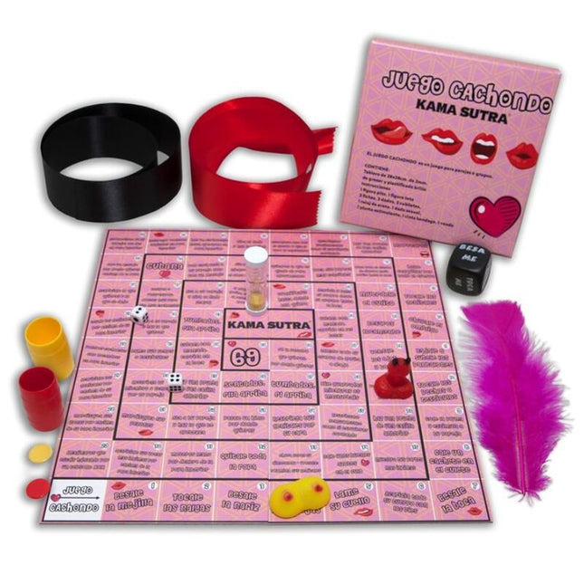 Pink kama sutra brettspiel diablo picante mit roten schwarzen satin-blindfolds würfeln bechern federkiel und stundenmesser