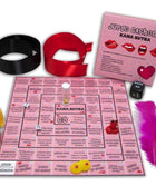 Pink kama sutra brettspiel diablo picante mit roten schwarzen satin-blindfolds würfeln bechern federkiel und stundenmesser