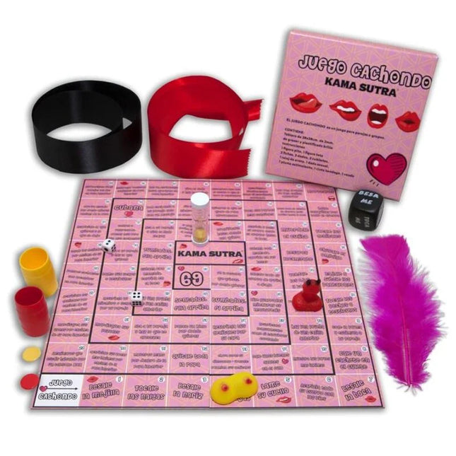 Pink kama sutra brettspiel diablo picante mit roten schwarzen satin-blindfolds würfeln bechern federkiel und stundenmesser