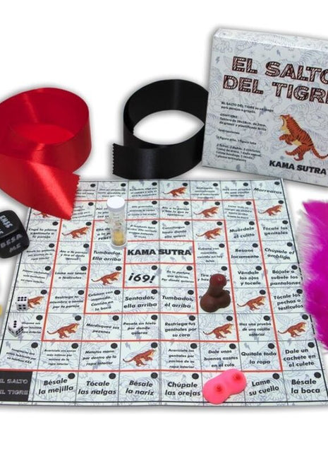 Das tiger jump spiel diabolo picante zeigt ein farbenfrohes spielbrett mit tigerillustrationen und plastikspielfiguren