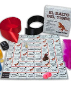 Das tiger jump spiel diabolo picante zeigt ein farbenfrohes spielbrett mit tigerillustrationen und plastikspielfiguren