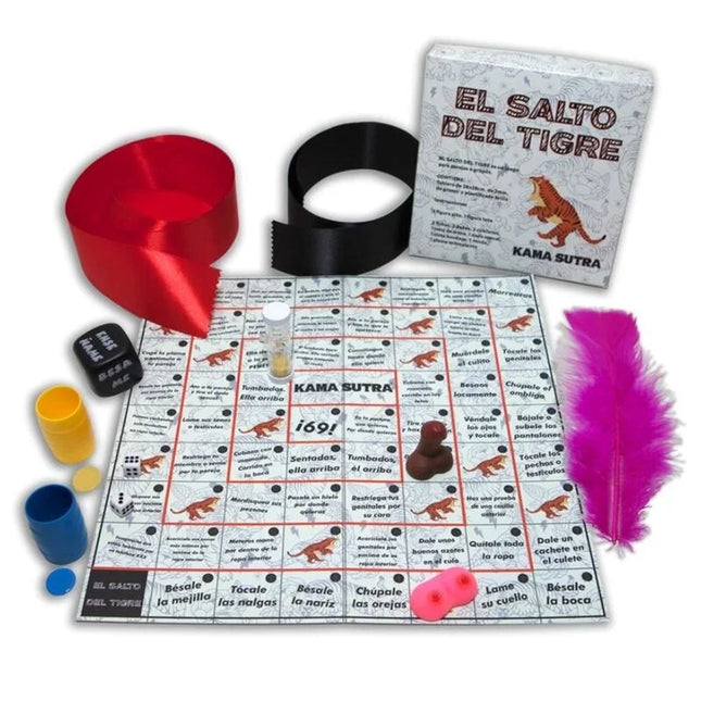 Das tiger jump spiel diabolo picante zeigt ein farbenfrohes spielbrett mit tigerillustrationen und plastikspielfiguren