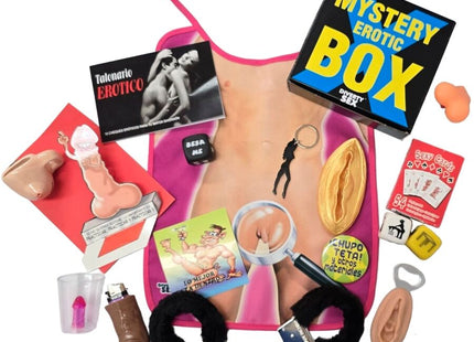 Pink apron mit anatomischer abbildung und erotischen accessoire wie handschellen im diablo picante geheimnisbox für ihn
