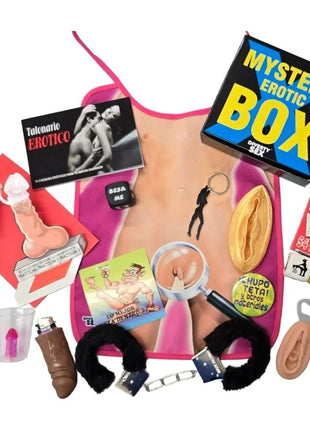 Pink apron mit anatomischer abbildung und erotischen accessoire wie handschellen im diablo picante geheimnisbox für ihn