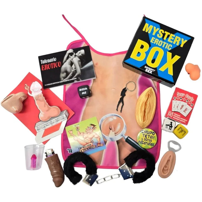 Pink apron mit anatomischer abbildung und erotischen accessoire wie handschellen im diablo picante geheimnisbox für ihn